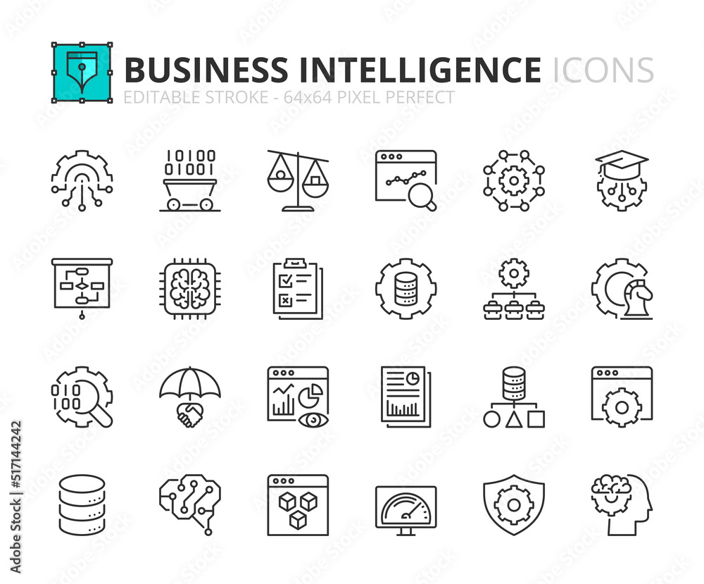 Simple set of outline icons about business intelligence Simple set of outline icons about business intelligence