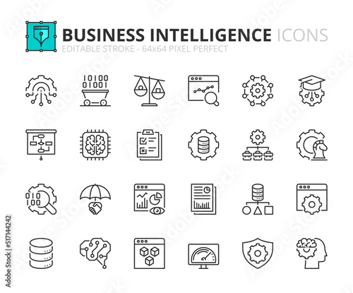 Simple set of outline icons about business intelligence