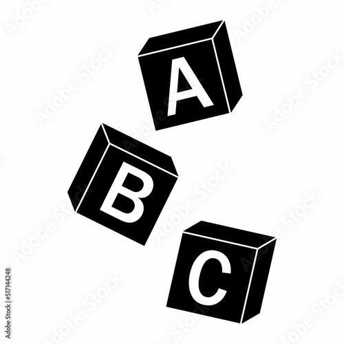 Falling Wooden Alphabet Cubes with letters A, B, C, black stencil, vector isolated illustration