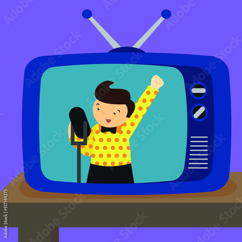 The boy sings into the microphone on the old TV