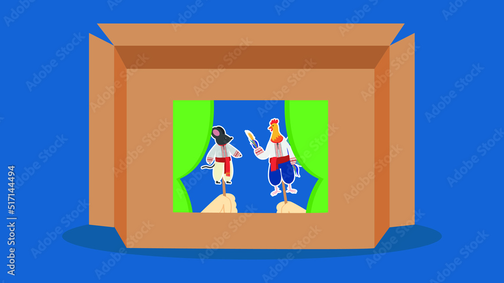 Theatrical performance in a box with a cock and a mouse on sticks Theatrical performance in a box with a cock and a mouse on sticks