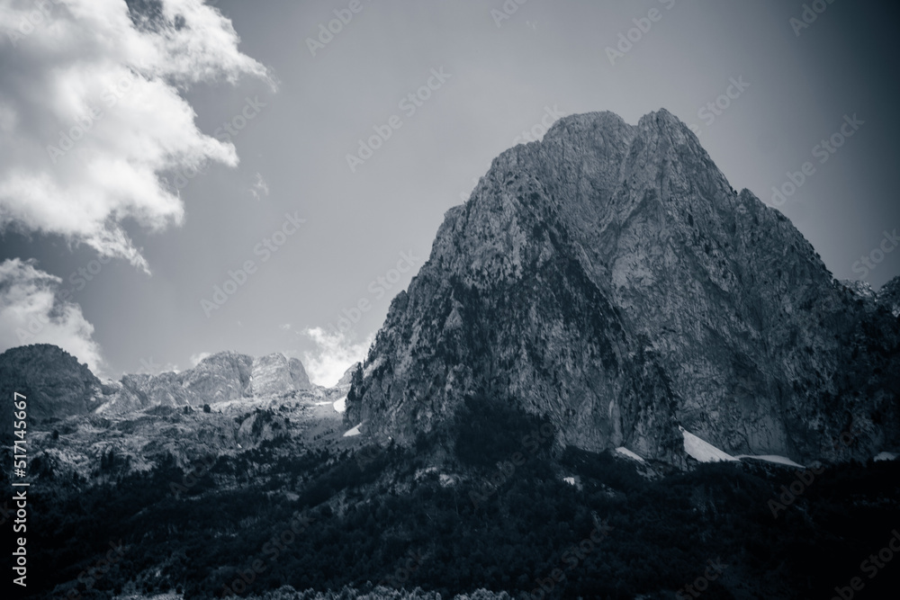 Monochrome nature view of Albanian nature. Alpin environment background, traveling concept