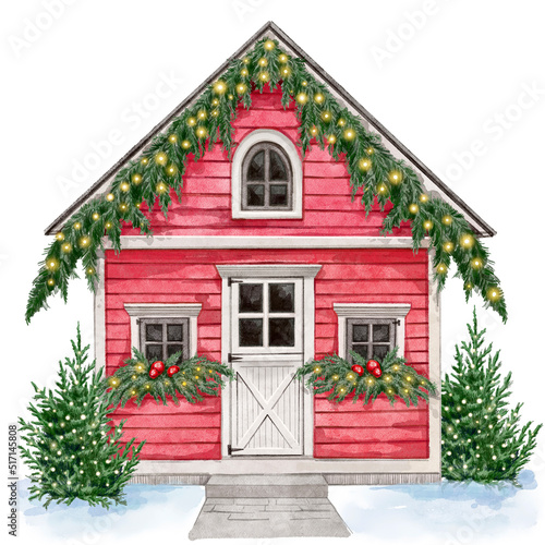 Watercolor Christmas card, wooden house decorated with spruce garland, light bulbs and wnks. Merry christmas and happy new year. hand drawn illustration