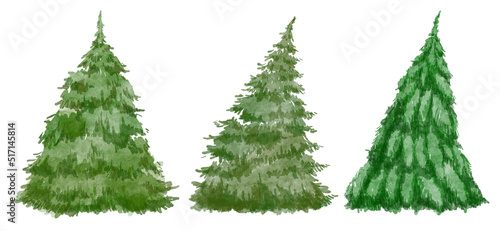 Set of watercolor christmas trees  hand drawn on a white background. Christmas card.