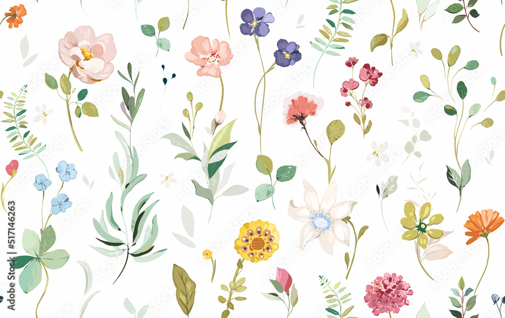 seamless pattern with flowers and green leaves. Botanical, wildflowers arrangements seamless pattern with flowers and green leaves. Botanical, wildflowers arrangements