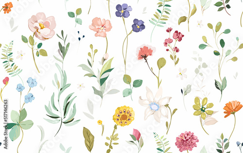 seamless pattern with flowers and green leaves. Botanical, wildflowers arrangements