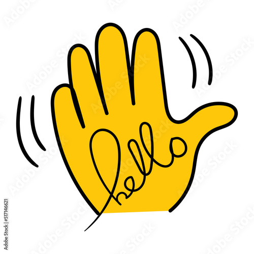 hello hand lettering and doodle with waving hand background