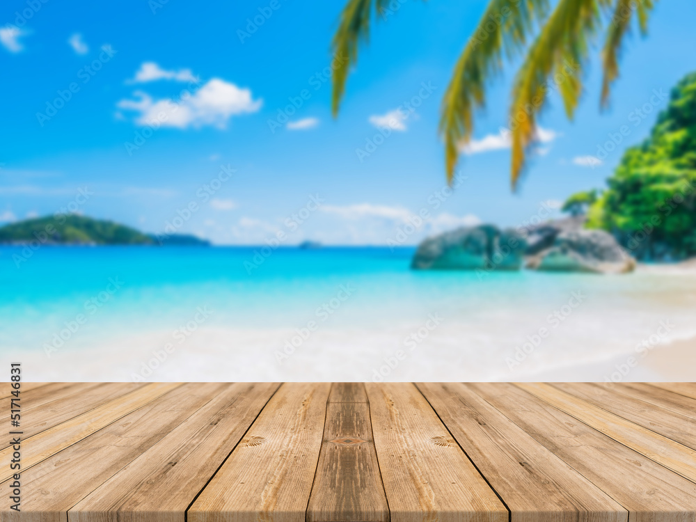 Beach product background with wooden counter for product presentation
