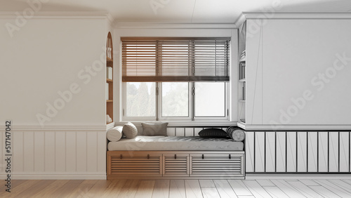 Architect interior designer concept: hand-drawn draft unfinished project that becomes real, classic window with siting bench and pillows. Walls with copy space for text