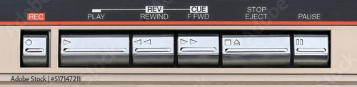 Close up of a retro tape deck buttons, record, play, fast forward, rewind, stop, eject and pause photo