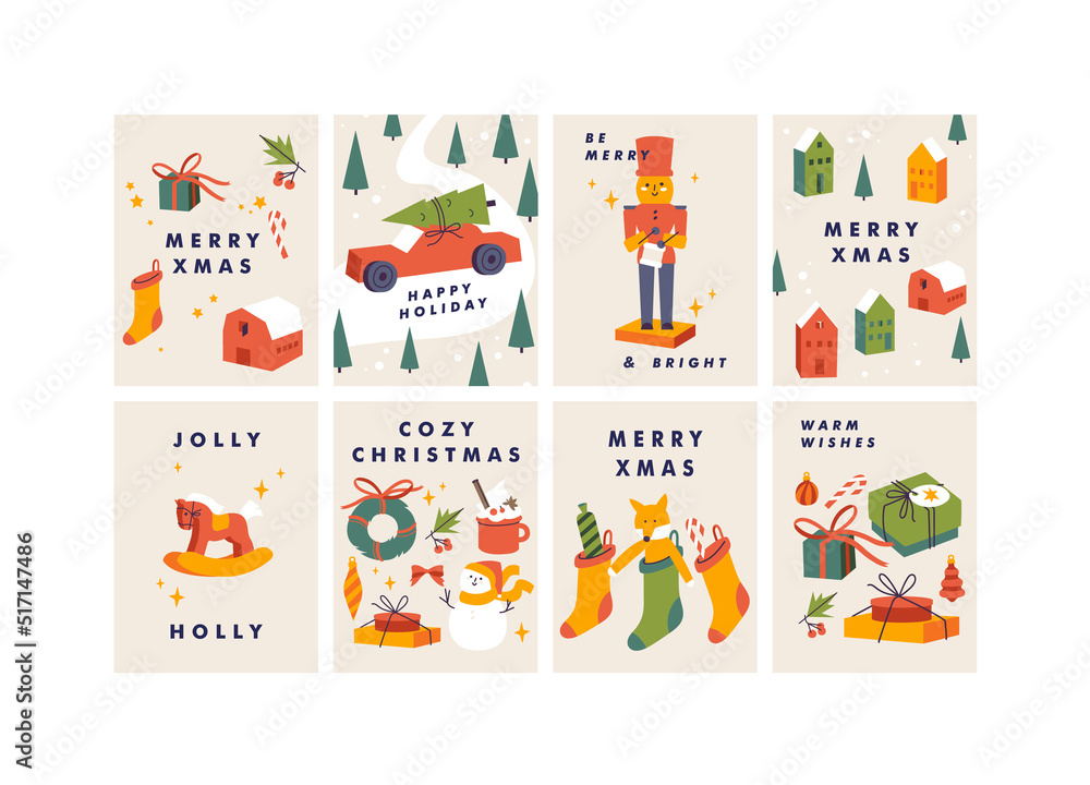 Vector set of Christmas greetings cards or party invitation posters. Xmas decorations backgrounds, Vector set of Christmas greetings cards or party invitation posters. Xmas decorations backgrounds,