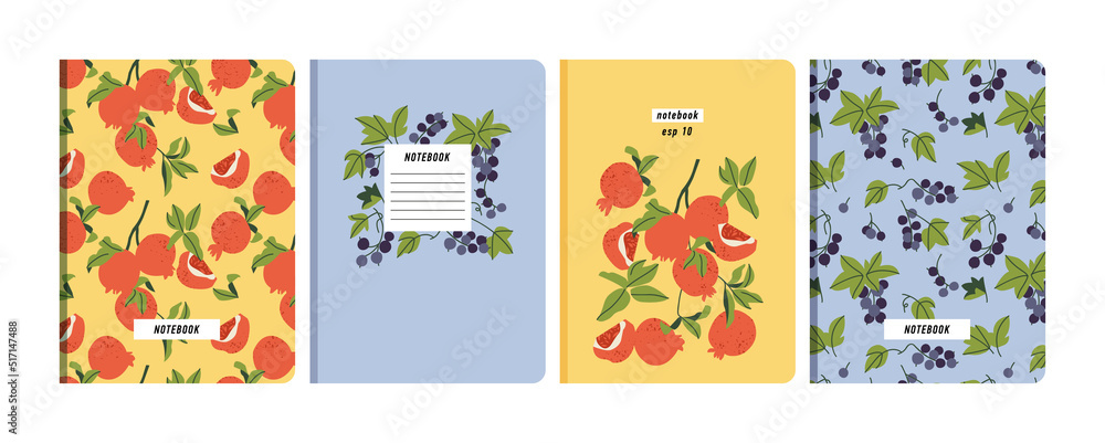Vector illustartion templates cover pages for notebooks, planners, brochures, books, catalogs. Fruits wallpapers with with pomegranate and black currant.