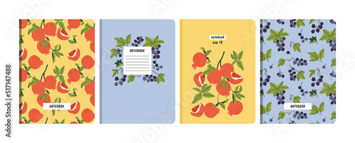 Vector illustartion templates cover pages for notebooks, planners, brochures, books, catalogs. Fruits wallpapers with with pomegranate and black currant.