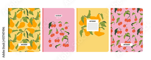 Vector illustartion templates cover pages for notebooks, planners, brochures, books, catalogs. Fruits wallpapers with with pear and cherry.