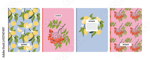 Vector illustartion templates cover pages for notebooks, planners, brochures, books, catalogs. Fruits wallpapers with with lemon and rownberry.