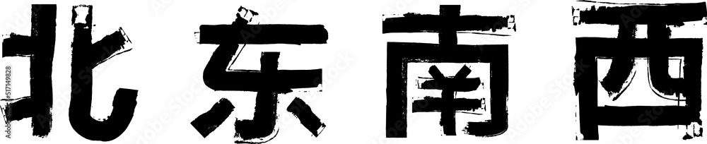 Compass directions in Chinese: East, West, South, North. Set of the