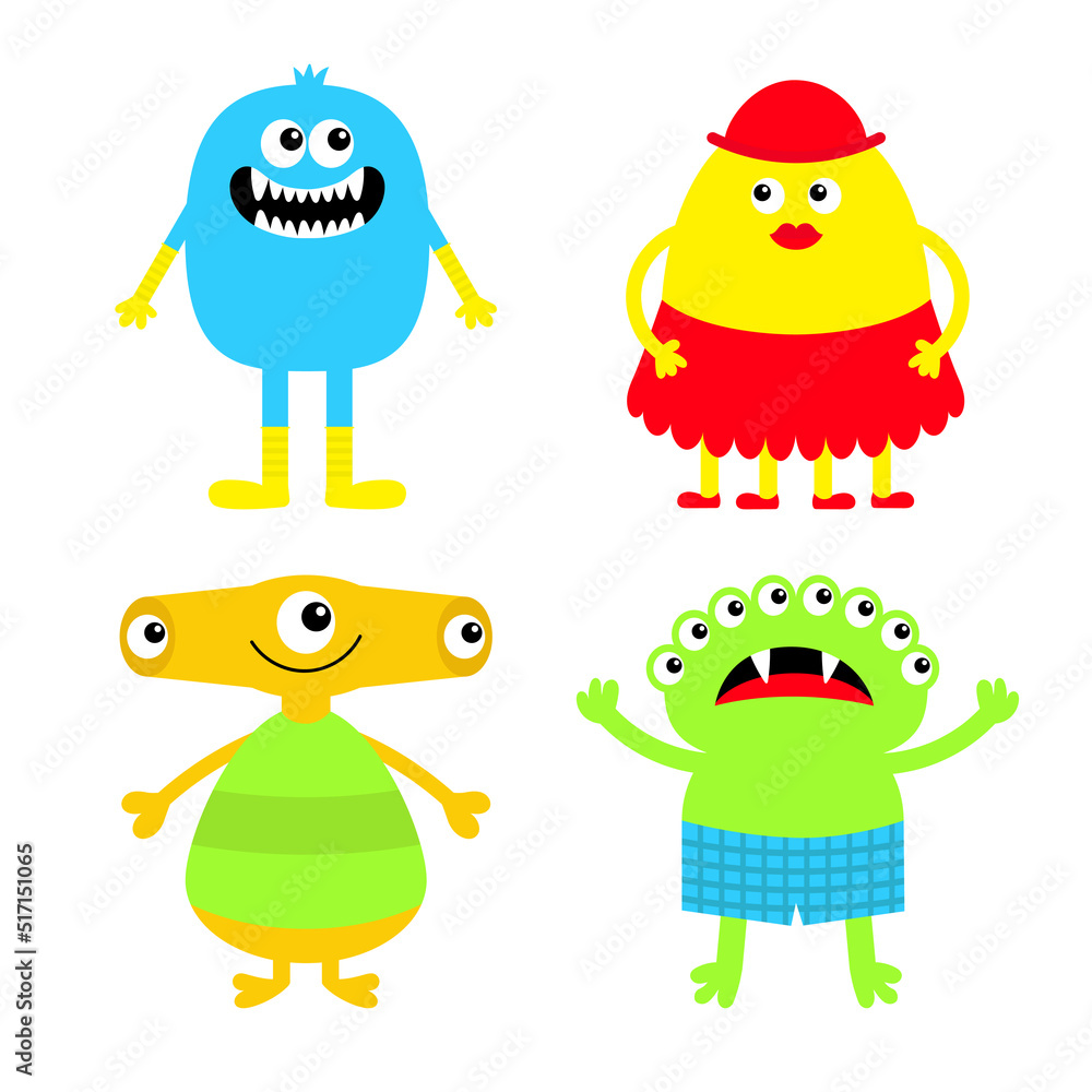 Obraz premium Happy Halloween. Monster icon set wearing clothes. Kawaii cute cartoon funny baby character. Sticker print. Eyes, horn, fang teeth tongue, wing. Flat design. White background.