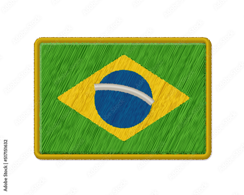 Flag Of Brazil Patch. Vector Photo Realistic Embroidery Isolated On White Background.