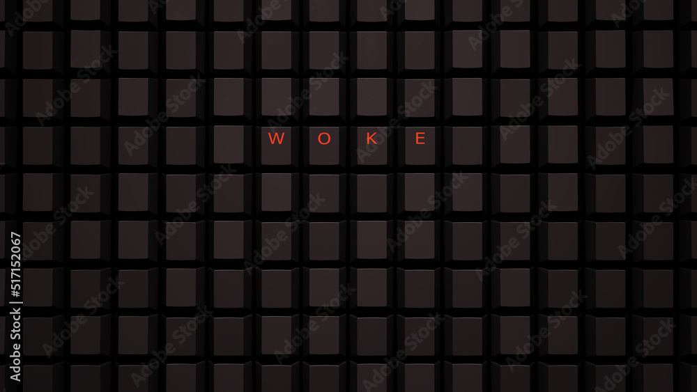 Online Woke Cancel Culture Censoring Free Speech Concept Illuminated Orange Keys on a Black Keyboard Grid Wall Spelling Woke 3d illustration render