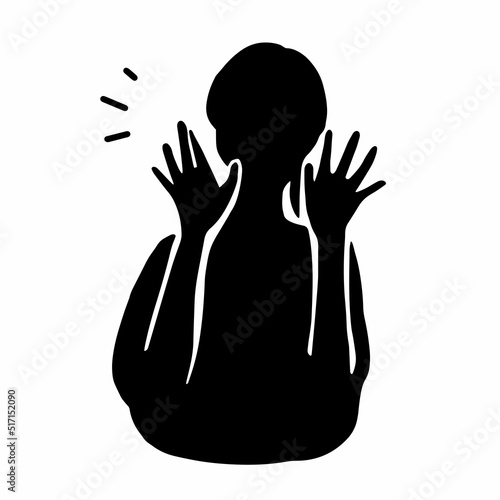 手を開いて声をかけるジェスチャーをするシルエット女性イラスト　黒