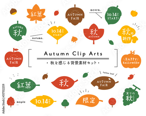 秋の背景素材セット　紅葉　モミジ　イチョウ　葉　食べ物　果物　アイコン　イラスト　飾り　フレーム