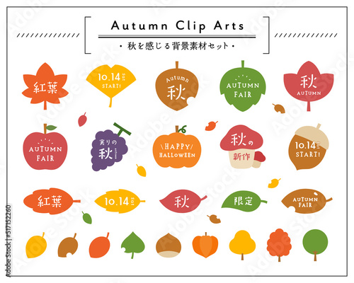 秋の背景素材セット　紅葉　モミジ　イチョウ　葉　食べ物　果物　アイコン　イラスト　飾り　フレーム