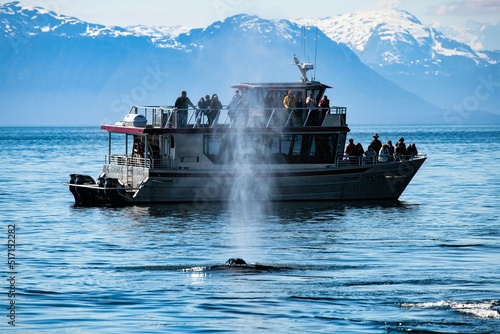 Whale watching Boot mit einem Wal der die Atemluft ausstößt - Glacier Bay Nationalpark, , Alaska