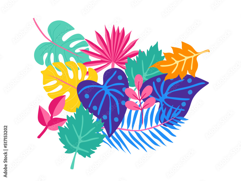 Bright composition of abstract tropical leaves on a white background in vector. Exotic print for t-shirts, cards, invitations.