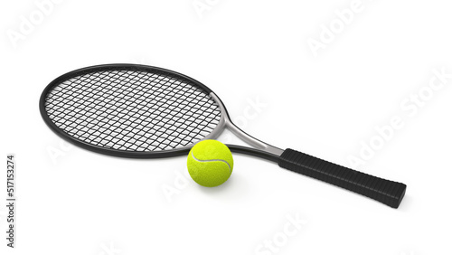 Fotografie, Obraz a tennis racket with a ball, isolated on a white background - a black and gray t