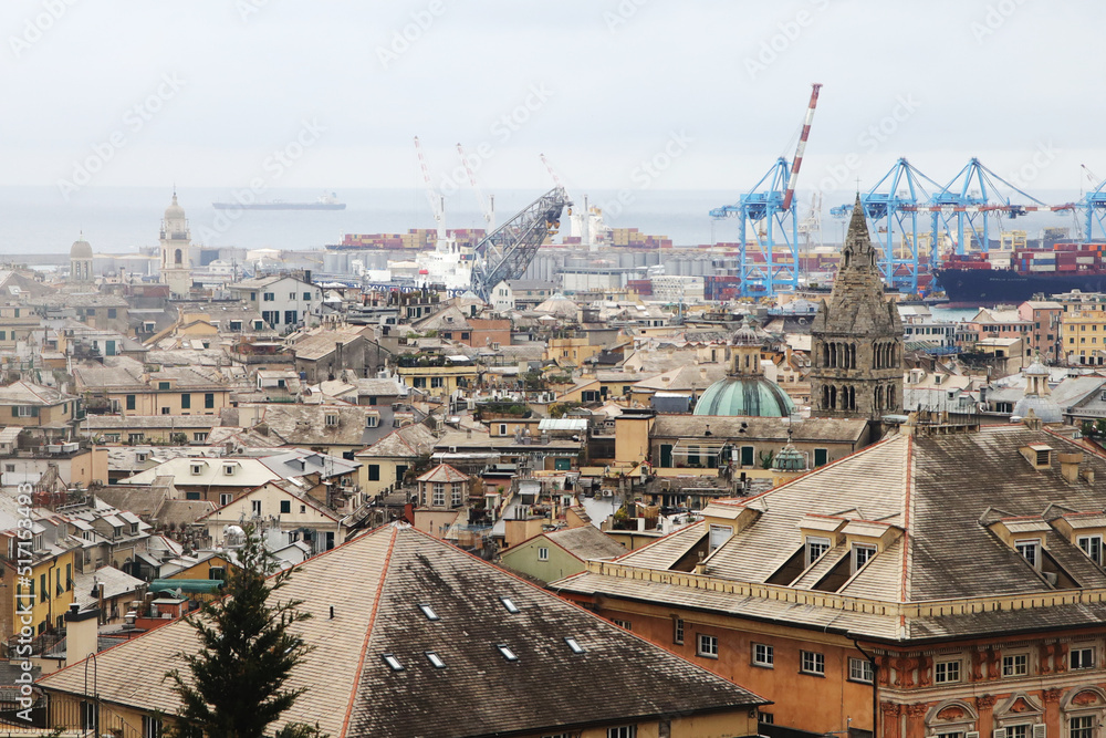 The panorama of old town and the port of Genoa, Italy	