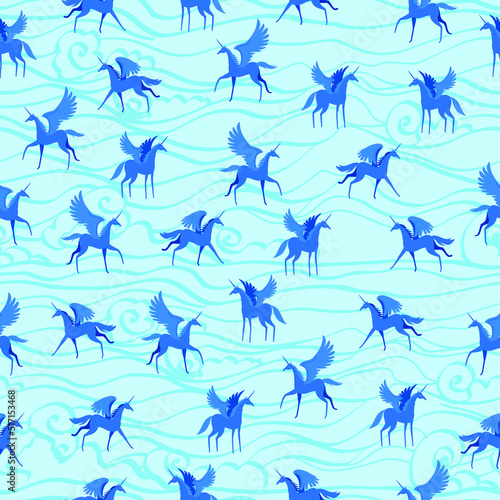 Pegasus with spread wings and a horn. Seamless pattern. Children's print. © Dana