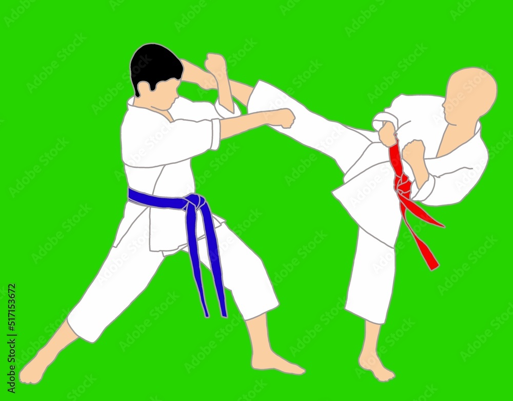 Illustration of two fighting athletes in kimonos with belts of different colors Illustration of two fighting athletes in kimonos with belts of different colors