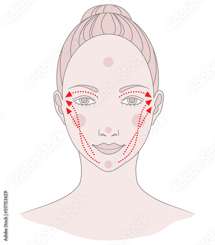 Facial massage. Facial massage lines for skin beauty and youth, vector illustration