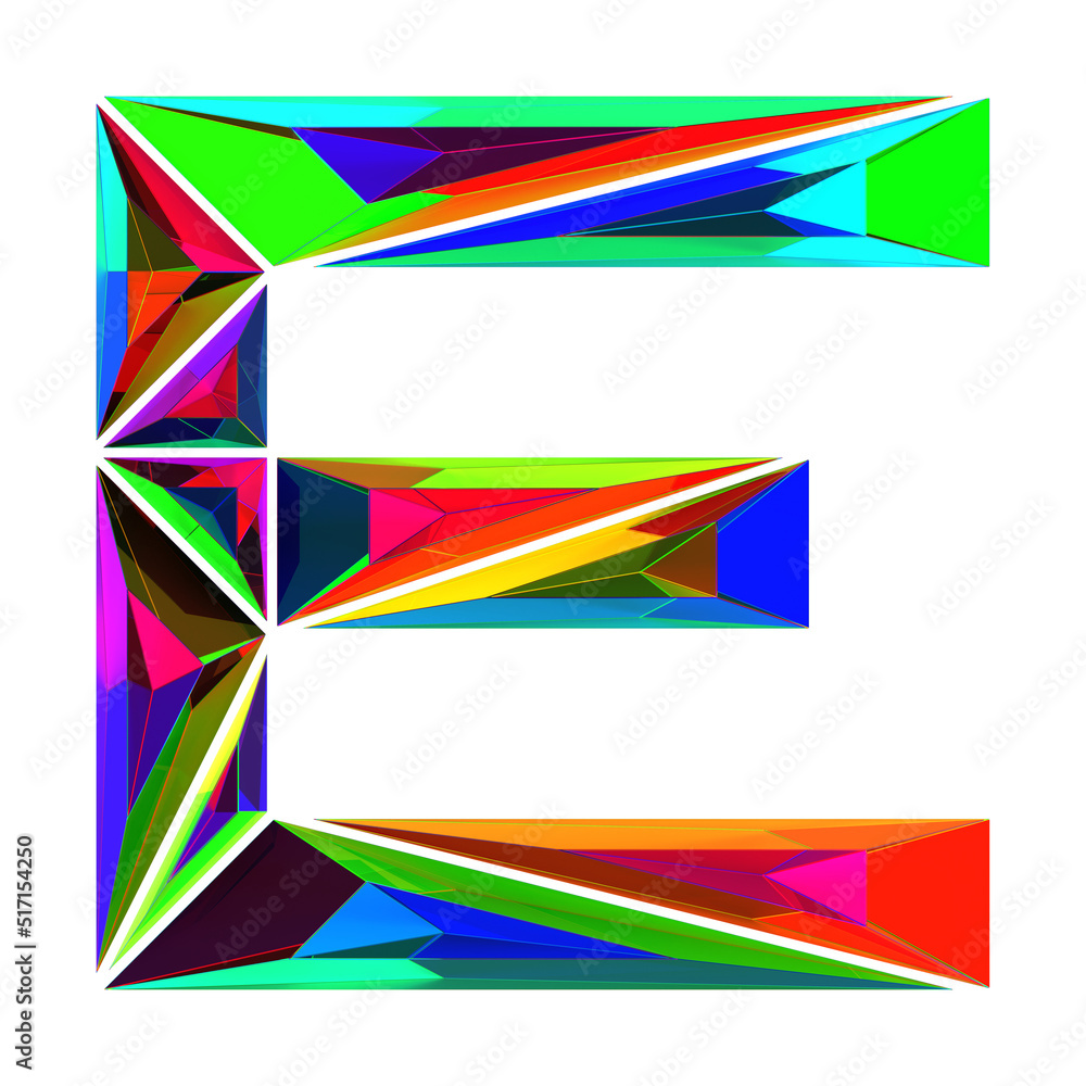 Letter E made of colored triangular crystals, isolated on white, 3d rendering Letter E made of colored triangular crystals, isolated on white, 3d rendering