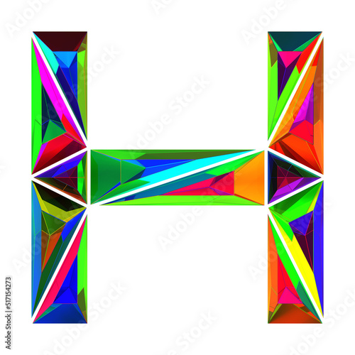 Letter H made of colored triangular crystals, isolated on white, 3d rendering