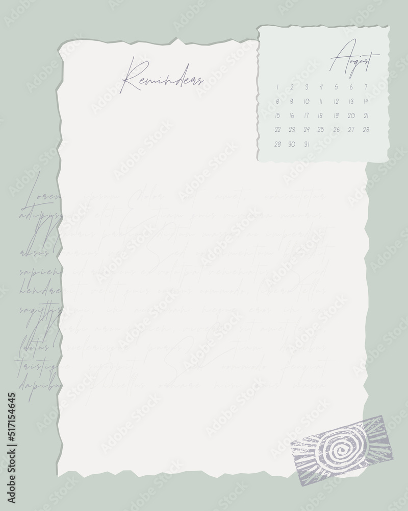 Reminders Calendar August 2022 To do list , template, blank, stamp, scrapbooking, plans, vintage.