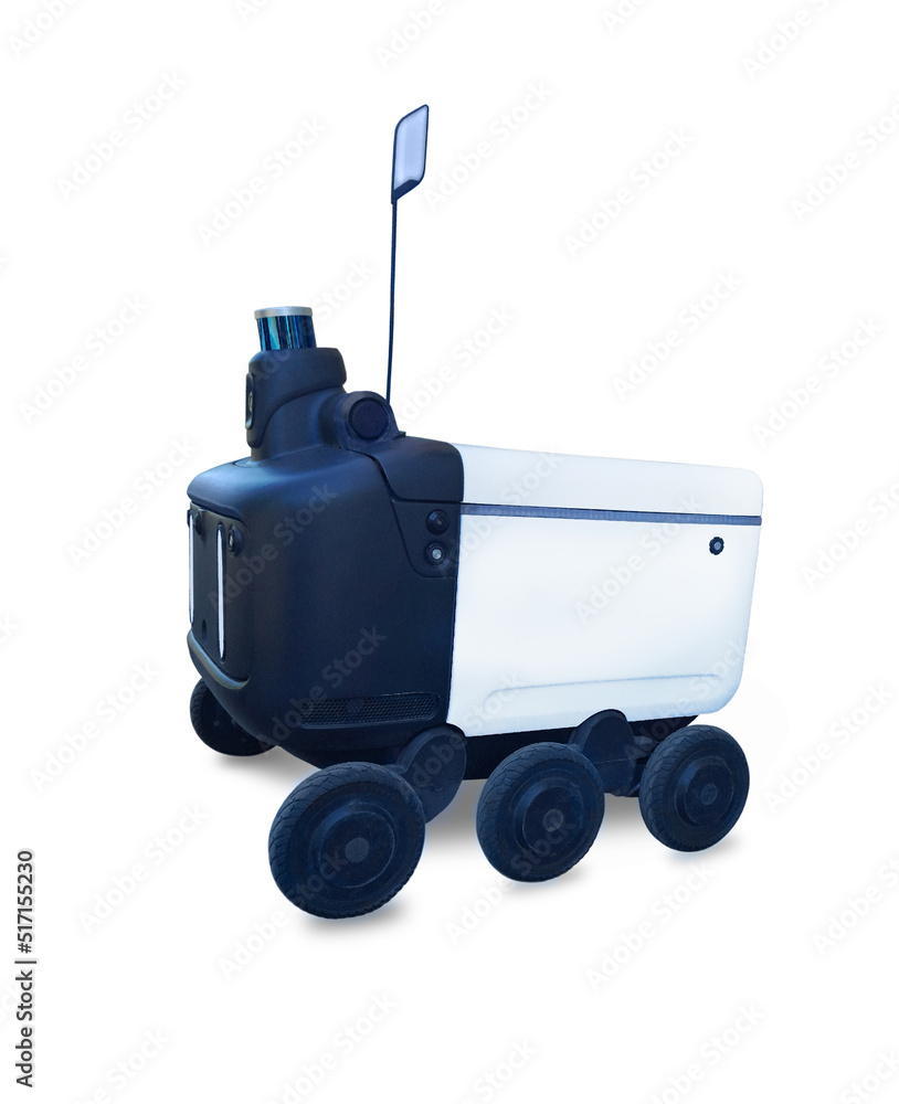 Fototapeta premium isolated image of an unmanned delivery robot on a white background. A messenger robot for delivering mail poisons and correspondence.