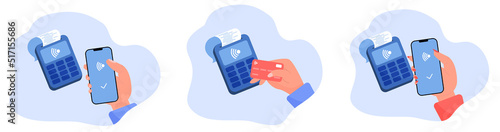 Hand holding phone, debit, credit card for payment flat vector illustration. Cartoon hand buyer paying on contactless terminal. Digital transaction and wireless transfer concept. Payment way icon set