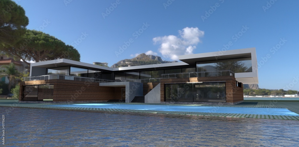 Beautiful modern villa with a swimming pool on an island in a forest lake. Bright blue sky Sun glare on a wooden facade. 3d render. Beautiful modern villa with a swimming pool on an island in a forest lake. Bright blue sky Sun glare on a wooden facade. 3d render.
