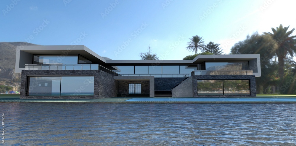 Luxurious high-tech villa on the shore of a mountain lake. Spacious terraces, blue water swimming pool, and flat roof. 3d render.