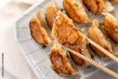 Pan-fried gyoza dumpling jiaozi in a plate with soy sauce on white table background.