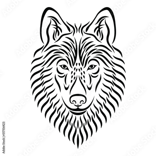 Wolf head vector drawing. The head of a wolf or a dog drawn with black strokes on a white background. Can be used for printing on t-shirts, posters, stickers. Calligraphic drawing. Tattoo design.