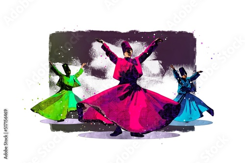 Digital watercolor illustration of whirling dervishes or semazen photo