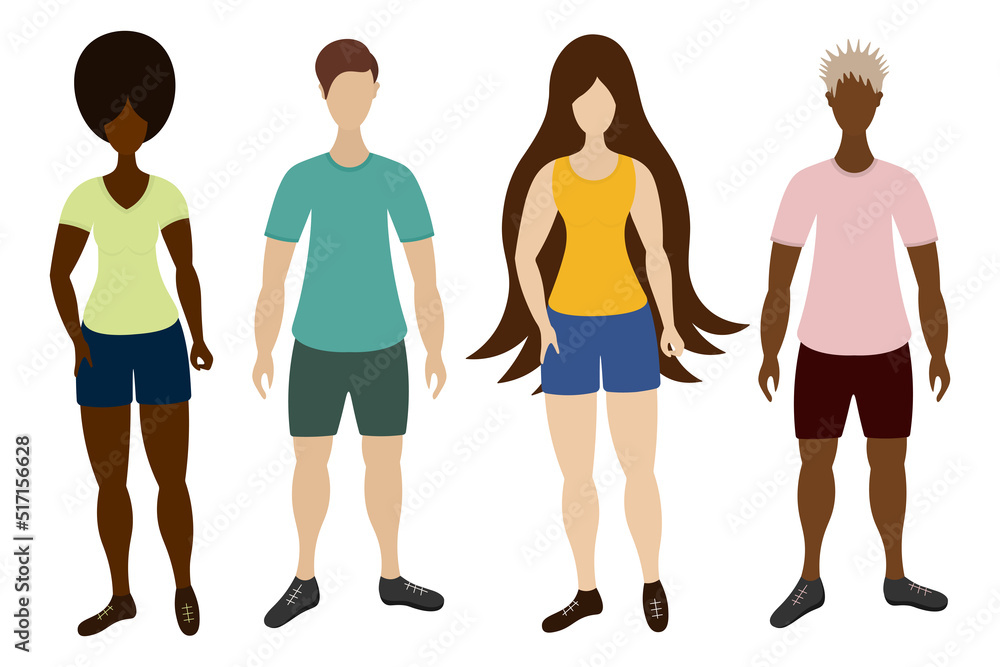Girls and boys of different cultures and skin tones. Young people in sportswear. Color vector illustration. A group of athletes in t-shirts, shorts and sneakers. Isolated background. Flat style. Girls and boys of different cultures and skin tones. Young people in sportswear. Color vector illustration. A group of athletes in t-shirts, shorts and sneakers. Isolated background. Flat style.
