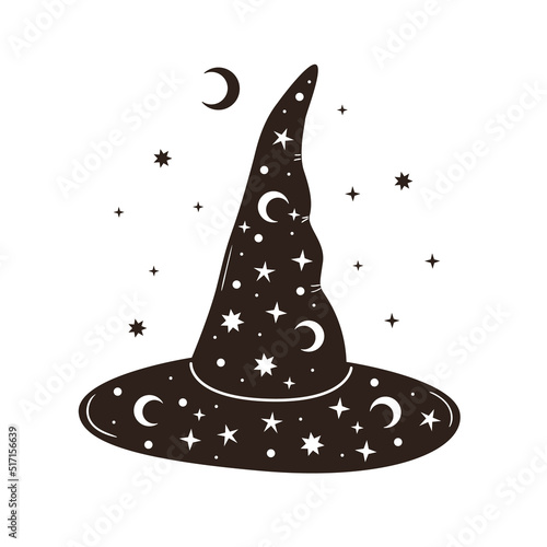 Vector illustration of cute halloween witch hat. Hand drawn magic pointy cap silhouette. Wizard clothing element with stars and moon decor