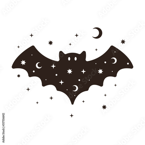 Vector illustration of cute halloween bat. Hand drawn magic character for kids. Spooky creature with stars and moon decor on wings