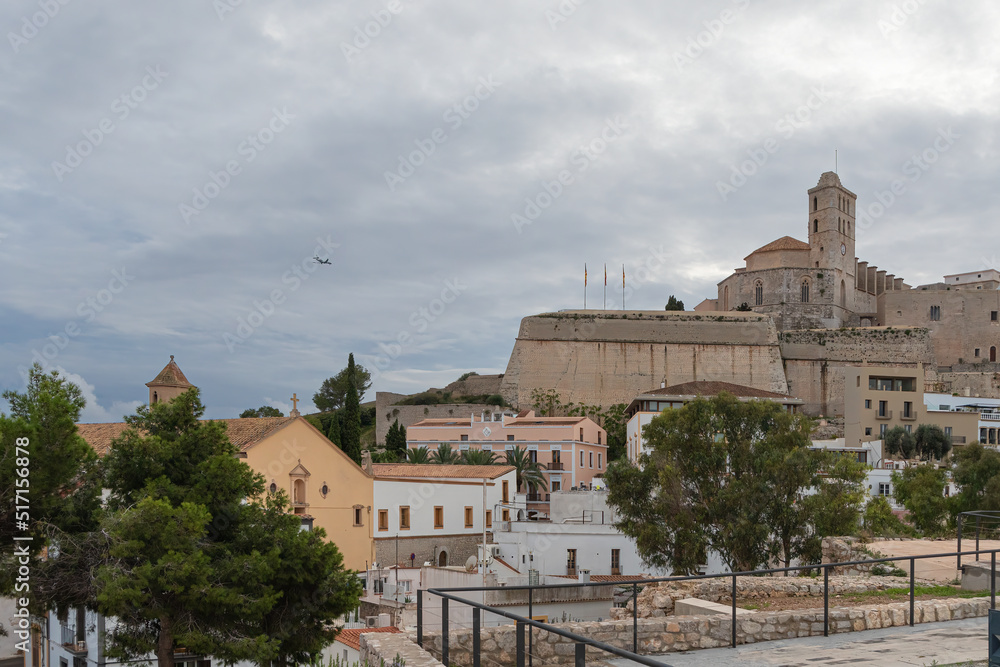 Dalt Vila neighborhood in the background its Virgen de las Nieves cathedral in the city of Ibiza