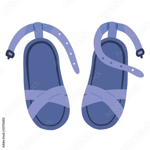 Kids summer sandals top view. Childs girls footwear pair. Girly foot wear with criss cross straps. Toddlers footgear. Flat  illustration isolated on white background