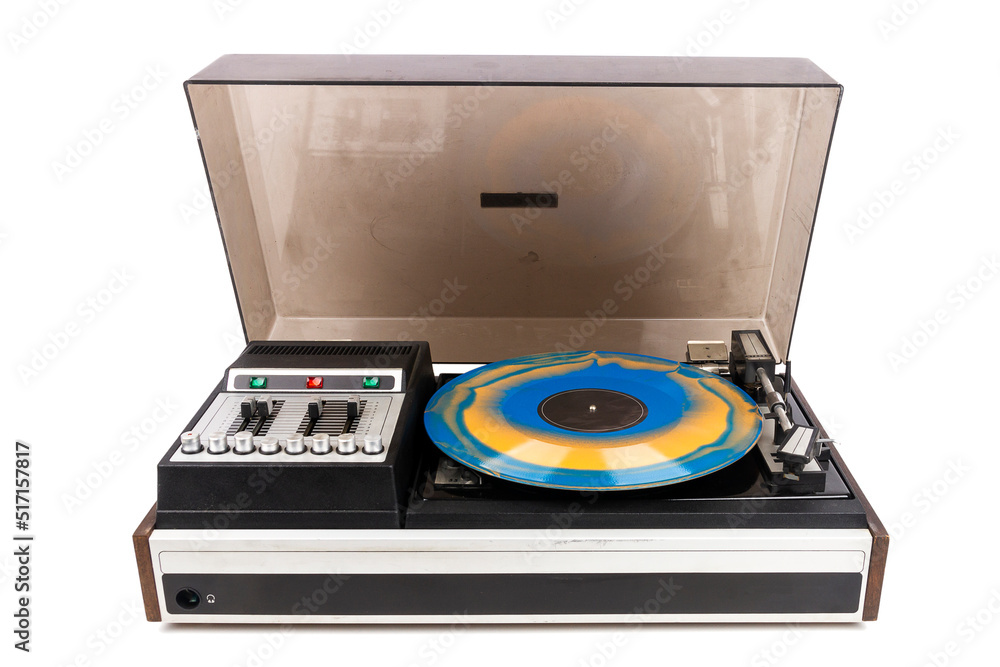 Fototapeta premium Vintage turntable record player with blue and orange vinyl