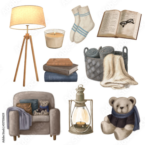 watercolor hygge elements set, items for cozy home